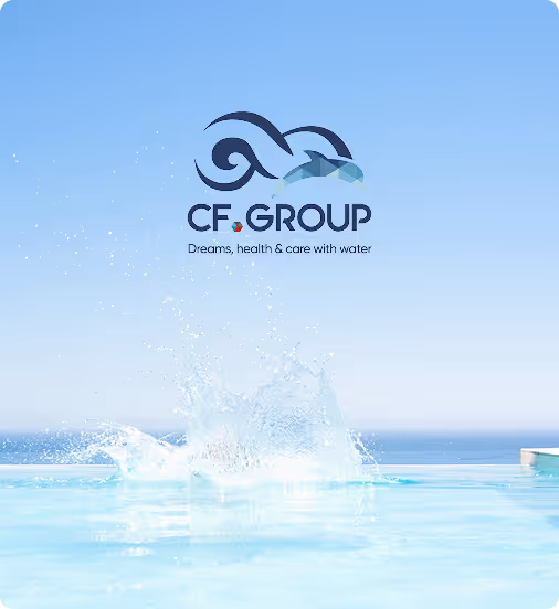 Logo CF Group avec texte 'Dreams, health & care with water' sur fond de piscine et éclaboussures d'eau sous un ciel bleu.