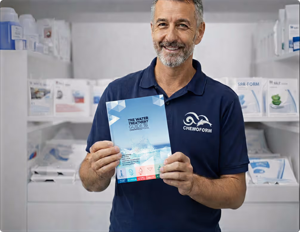 Homme souriant en polo bleu CHEMOFORM tenant un guide sur le traitement de l'eau pour piscines.