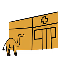 Zeichnung eines Kamels vor einem Krankenhausgebäude mit einem Kreuzsymbol.