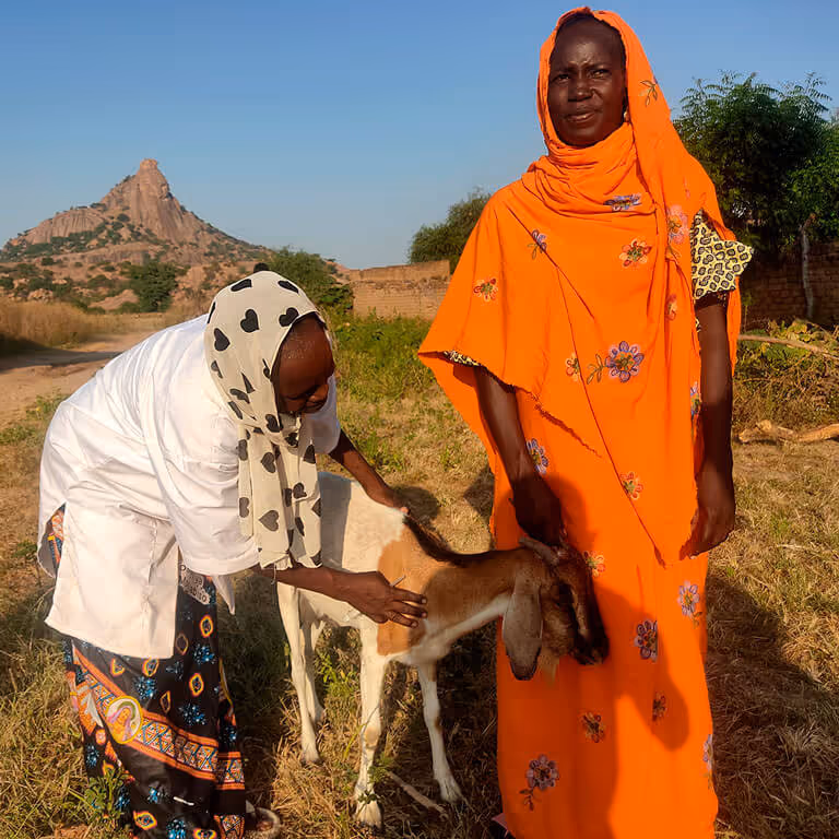 Zwei Frauen in traditioneller Kleidung mit einer Ziege in ländlicher Umgebung vor einem Felsen.