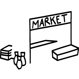 Schwarze und weiße Zeichnung eines Marktstandes mit der Aufschrift Markt und ein paar Warenstapeln.