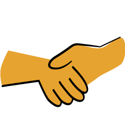 Symbol einer orangefarbenen Händeschüttelung, die Zusammenarbeit darstellt.