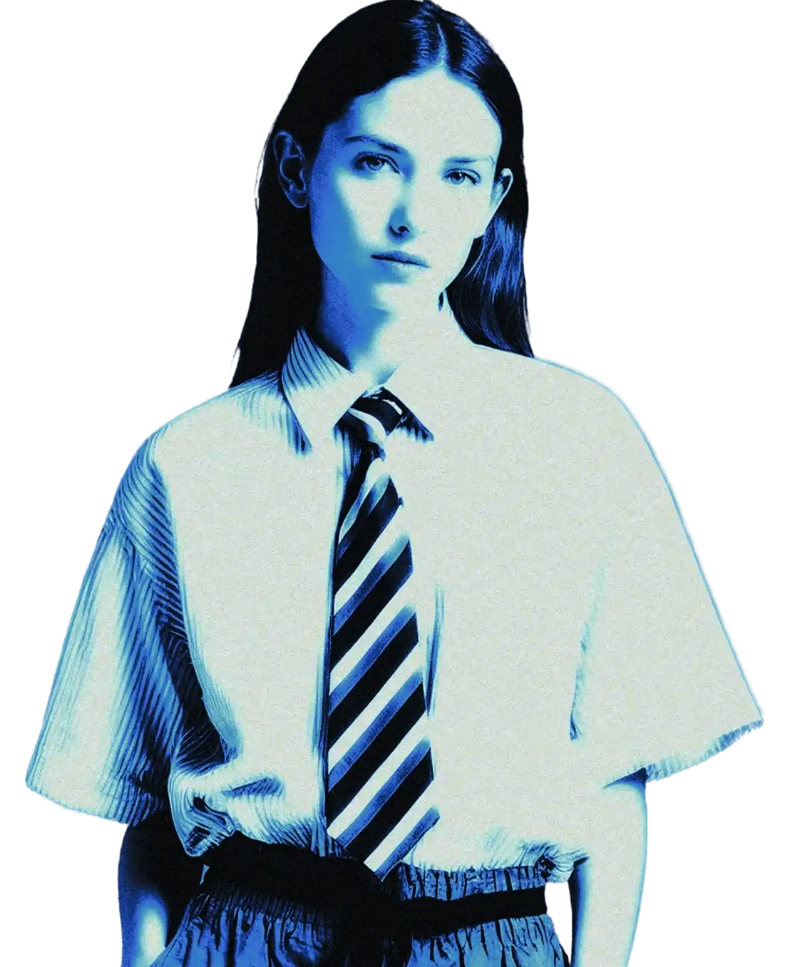 Фігура в смугастій краватці та сорочці великого розміру, розташована на темному тлі, освітленому блакитним відтінком.