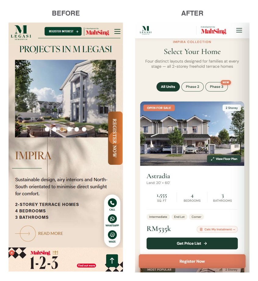M Legasi unit cards, original site versus the Convx rebuild