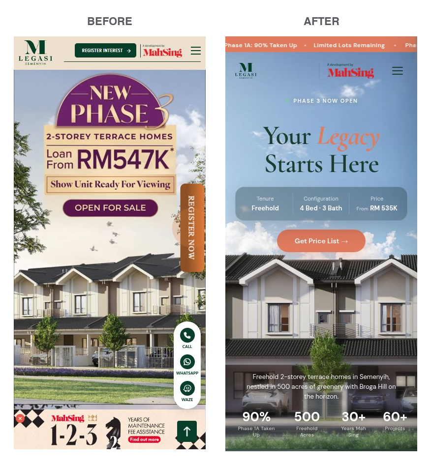 M Legasi hero, original site versus the Convx rebuild