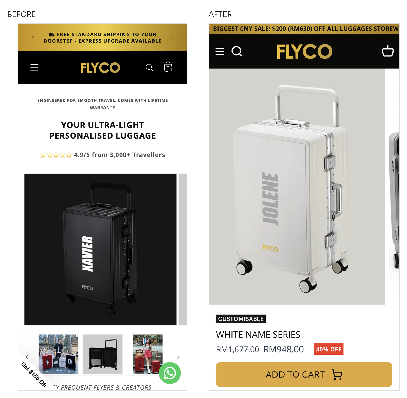 Flyco Name Series product page above the fold, before and after: marketing copy and a dark studio image replaced by the personalised product, price and add to cart