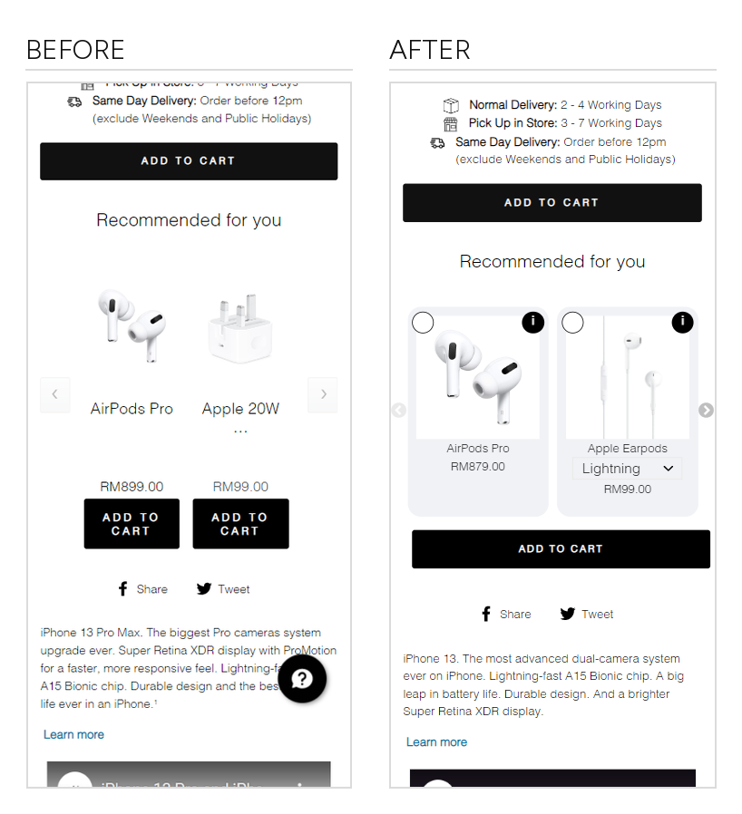 Product page add-on module, before and after: a carousel with a separate add to cart under each accessory, replaced by selectable accessory cards with one shared add to cart