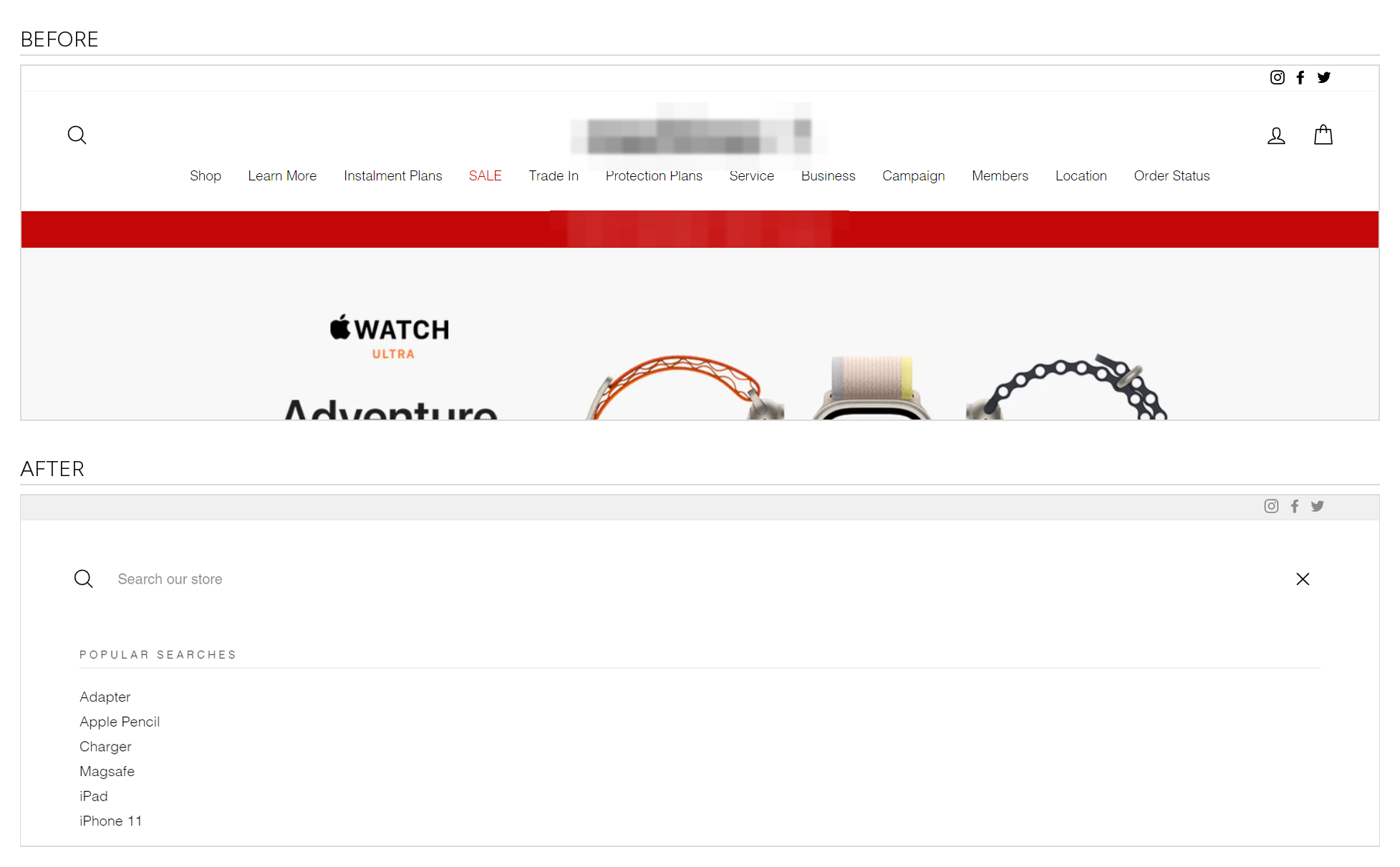 Site header before and after: a search icon on its own, replaced by an open search panel listing the store's most popular searches