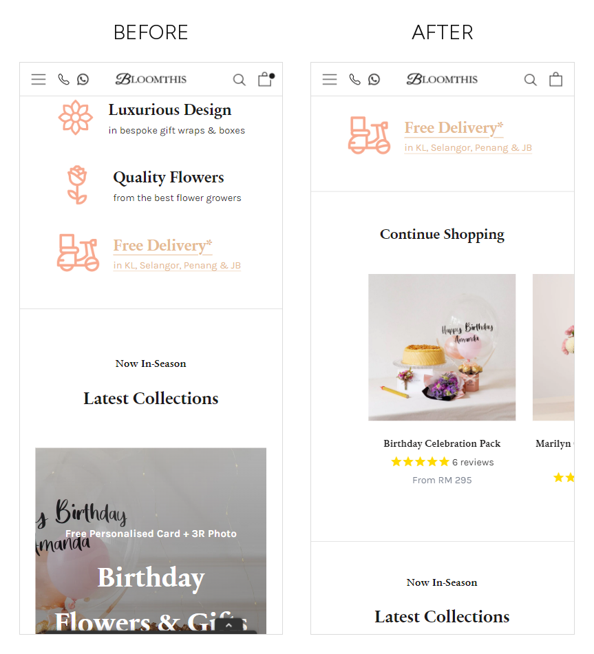 BloomThis mobile home page, before and after: the product guarantee row running straight into the first collection block, replaced by a Continue Shopping row of the returning shopper's previously viewed items