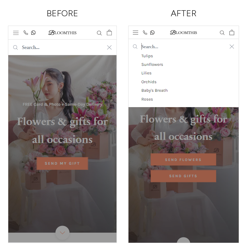 BloomThis mobile search field, before and after: an empty search box replaced by six suggested flower types shown before the shopper types anything