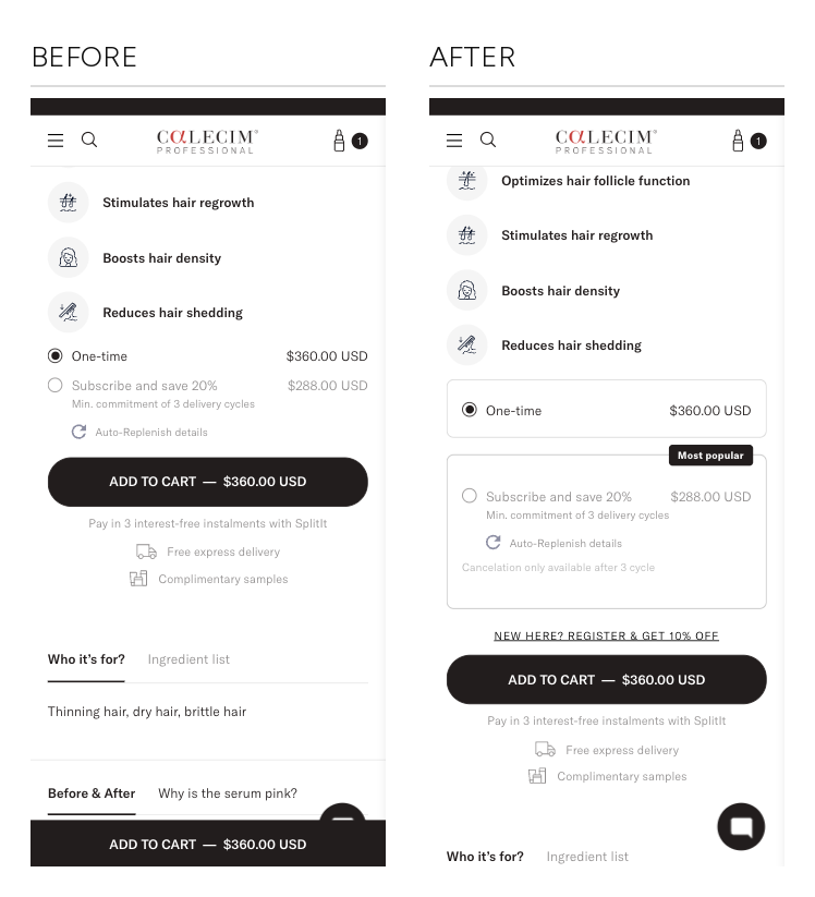 CALECIM Professional mobile hair product page buy box, before and after: two plain radio rows with the one-time option selected, replaced by two bordered cards with a Most popular badge on the subscription option, its cancellation terms shown, and a register-and-save prompt above Add to Cart