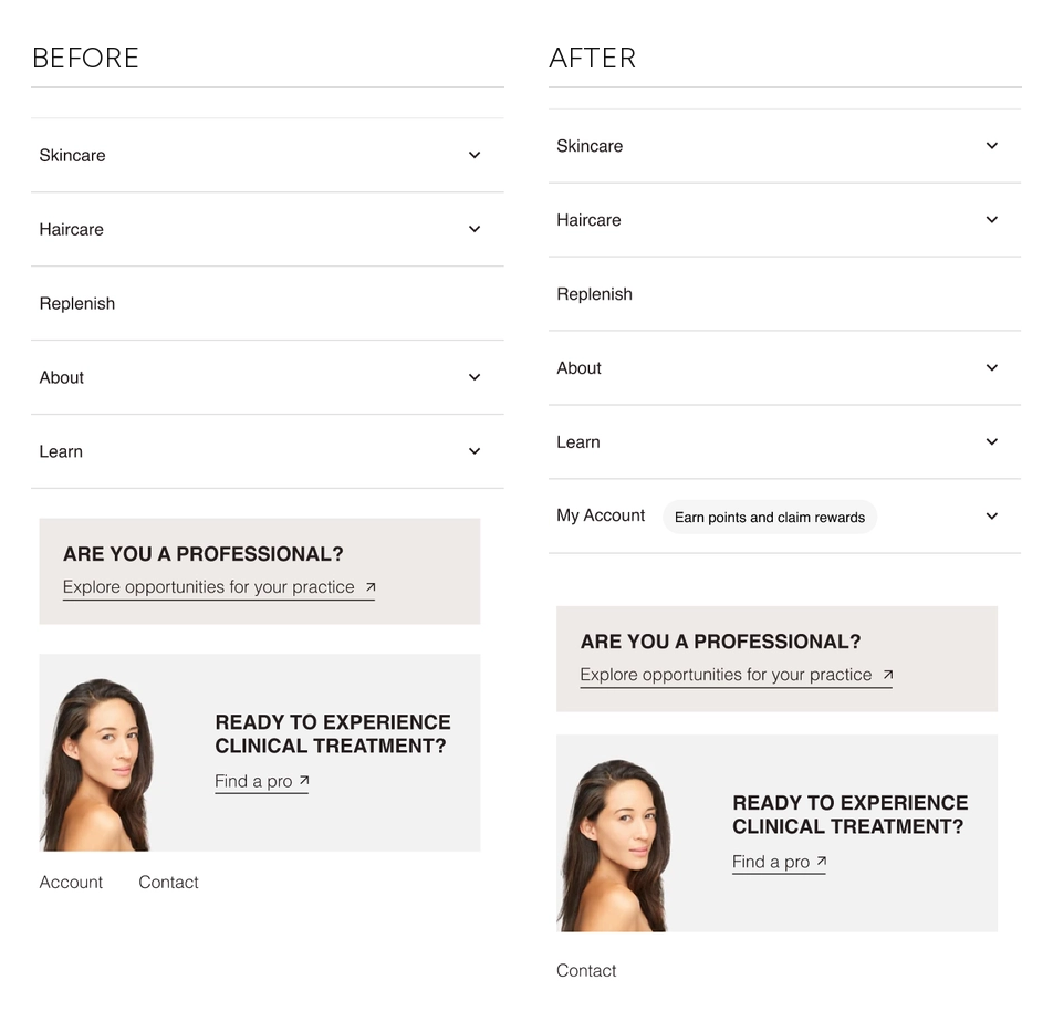 CALECIM Professional mobile menu, before and after: a five-item menu whose only account access is a small text link at the very bottom, replaced by the same menu with a My Account row promoted to the top level and labelled Earn points and claim rewards