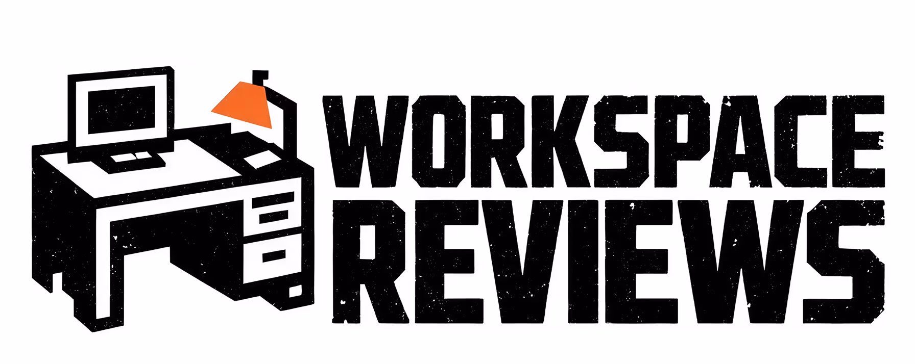 Black and white graphic of an office desk with a computer and orange desk lamp next to bold text reading Workspace Reviews.