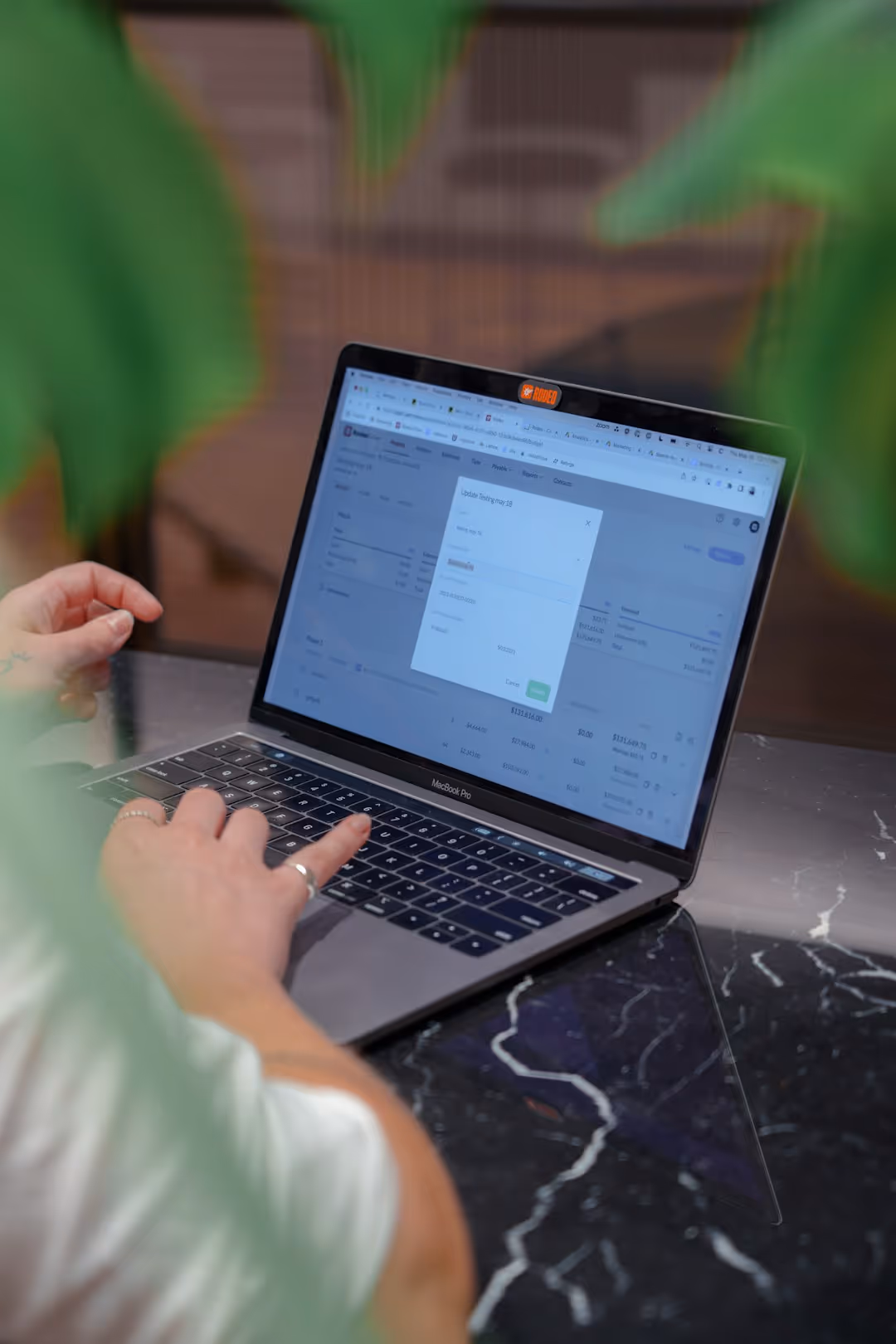 Person typing on a MacBook Pro with a business software interface displayed on the screen, partially obscured by nearby green leaves.