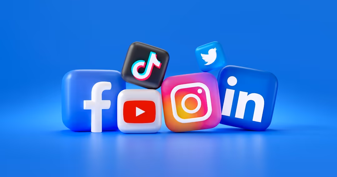 3D icons of popular social media platforms including Facebook, YouTube, TikTok, Instagram, LinkedIn, and Twitter on a blue background.
