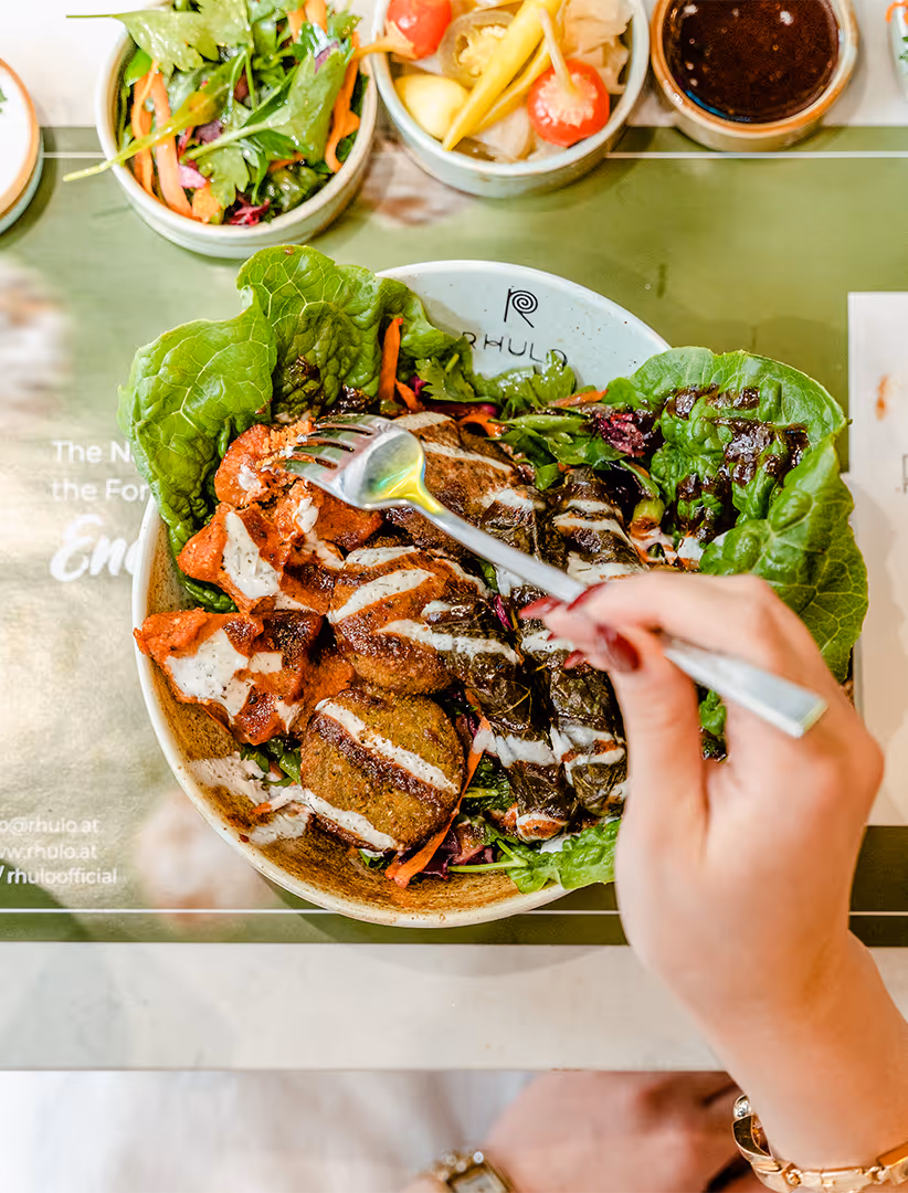 Hand hält Gabel über Schüssel mit Falafel, gefüllten Weinblättern, gemischtem Salat und Joghurtsauce.