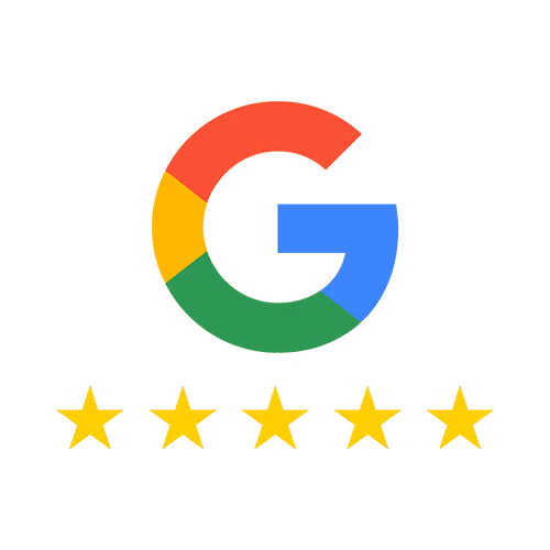 Google-Logo über einer Reihe von fünf goldenen Bewertungssternen.