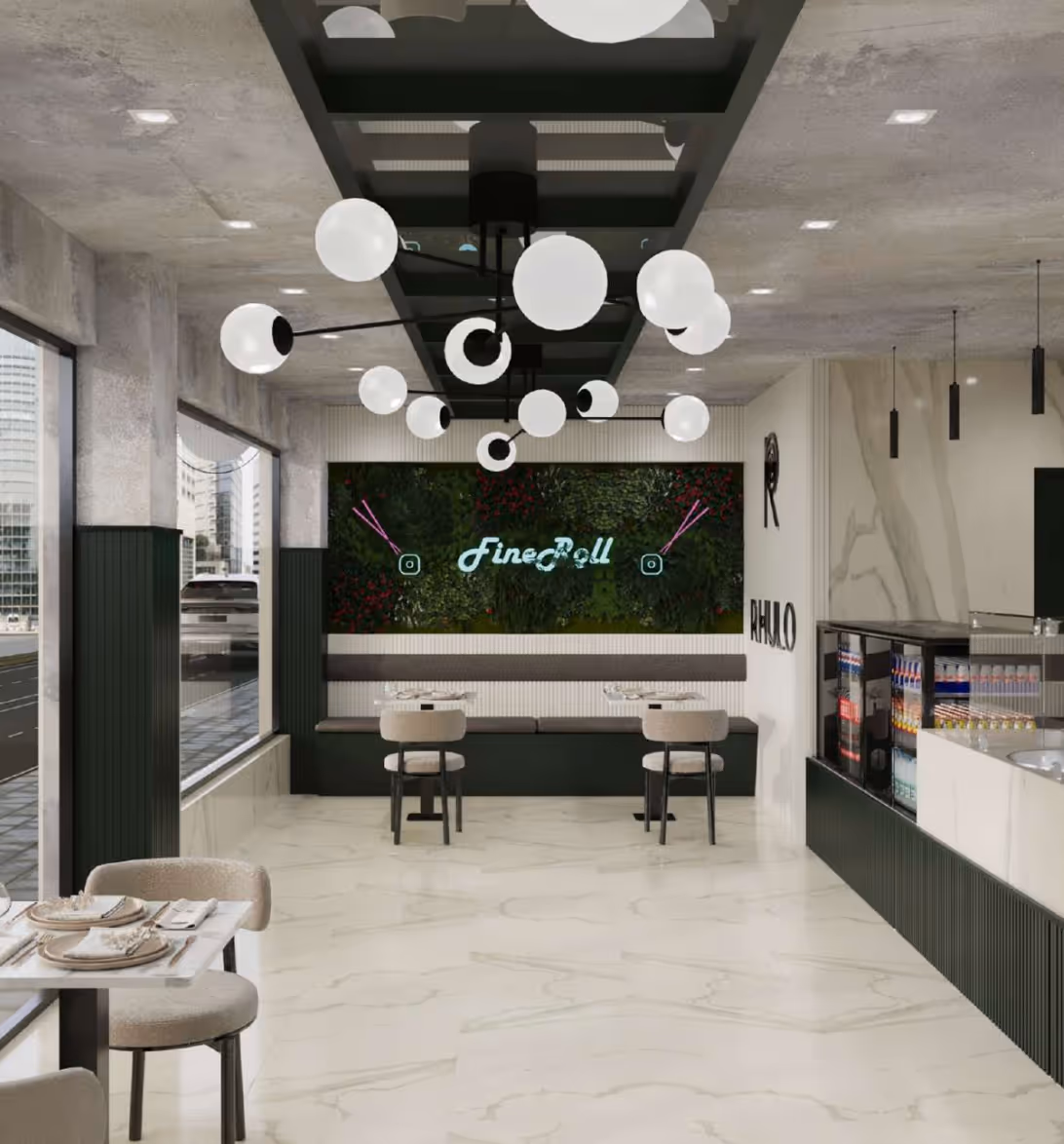 Modern restaurant interior with marble floor, hanging spherical lights, green wall with 'FineRoll' sign, and tables with beige chairs.