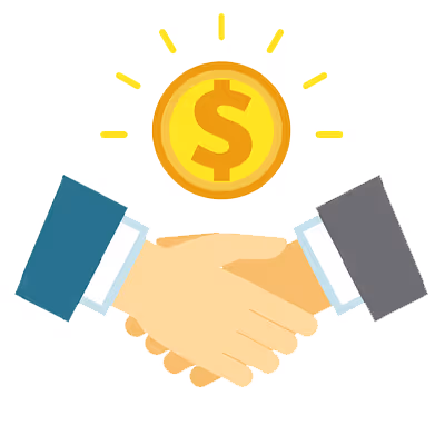Zwei Hände geben einen Händedruck unter einer strahlenden Dollarzeichen-Münze, Symbol für finanzielle Vereinbarung oder Gewinn.