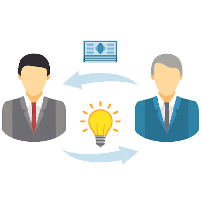Zwei Geschäftsleute im Anzug, die Ideen mit einer Glühbirne und Geldscheinen über Pfeile austauschen.