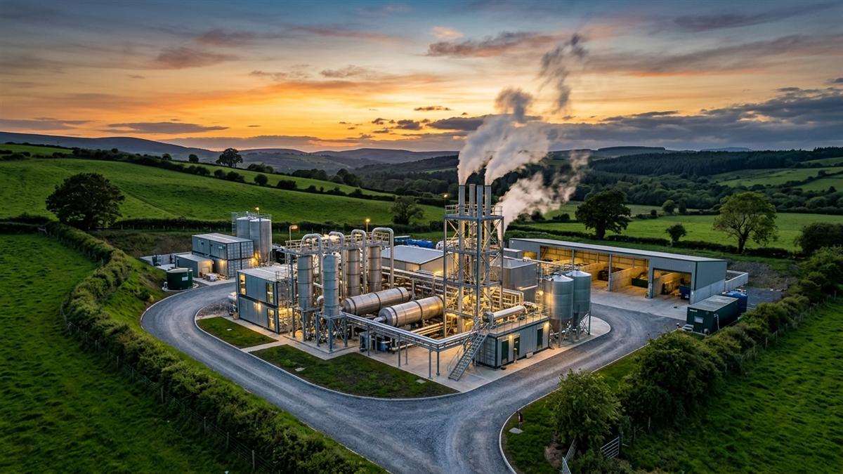 Modern modular pyrolysis waste-to-energy plant at dusk surrounded by green Irish countryside