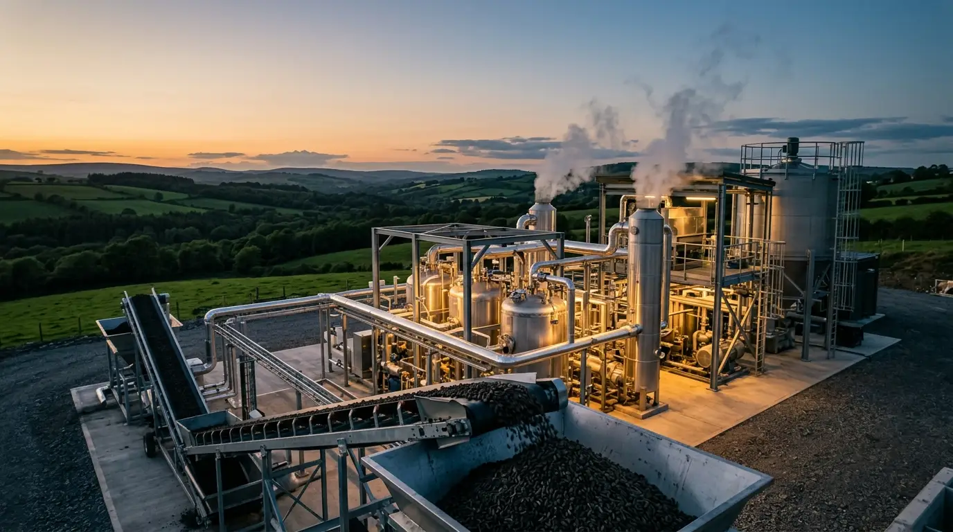 Industrial pyrolysis facility at dusk with biochar conveyor and Irish countryside backdrop