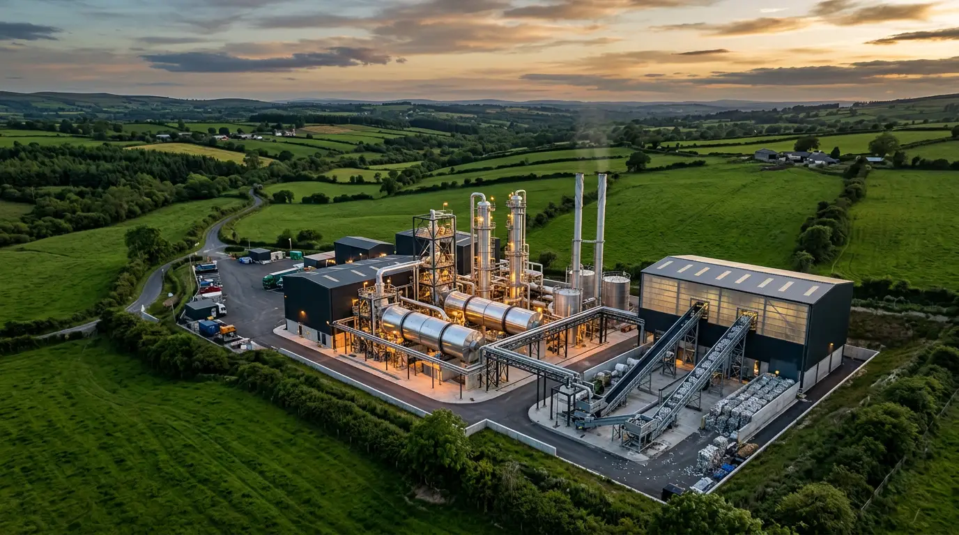 Modern pyrolysis facility processing plastic waste in the Irish countryside at dusk