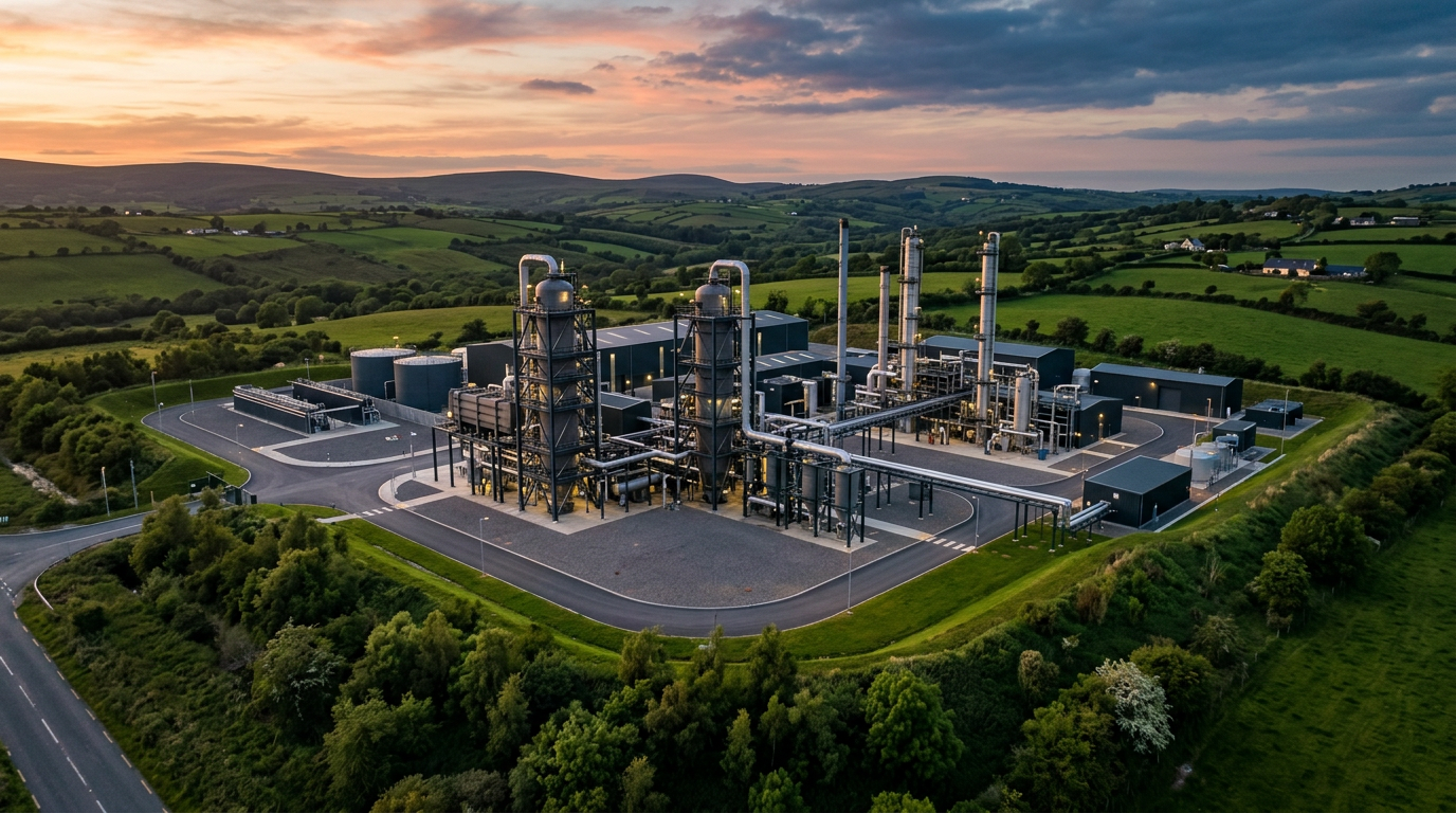 Aerial view of a modern pyrolysis facility at dusk surrounded by green Irish countryside
