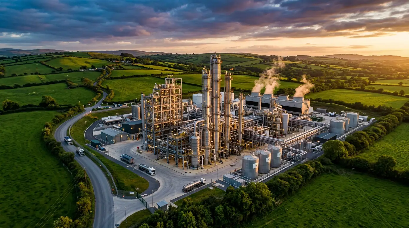 Modern industrial pyrolysis facility at golden hour surrounded by Irish countryside