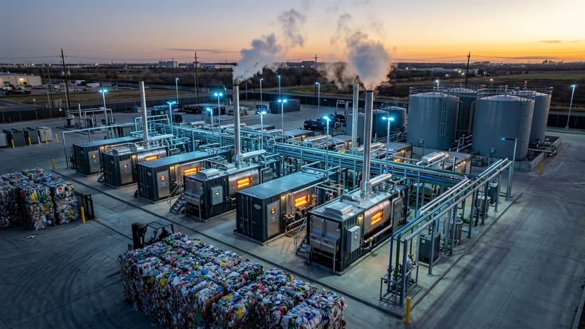 State-of-the-art pyrolysis processing facility at dusk with modular reactor units and industrial infrastructure