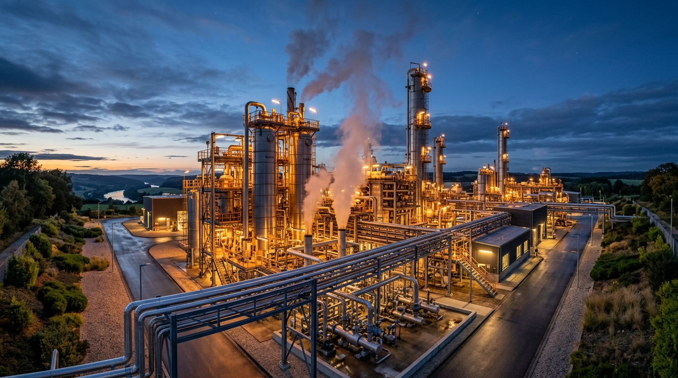 Advanced industrial pyrolysis facility at dusk with steel reactor vessels and distillation columns
