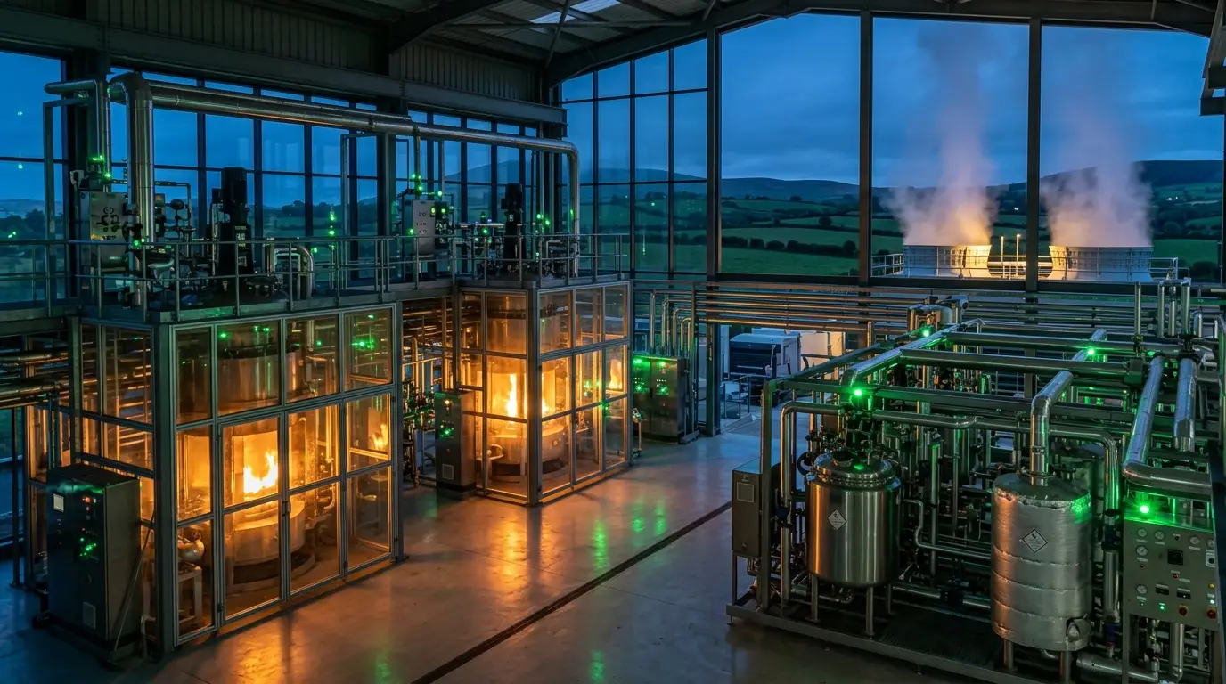 Modern pyrolysis facility at dusk with industrial reactors and cooling towers