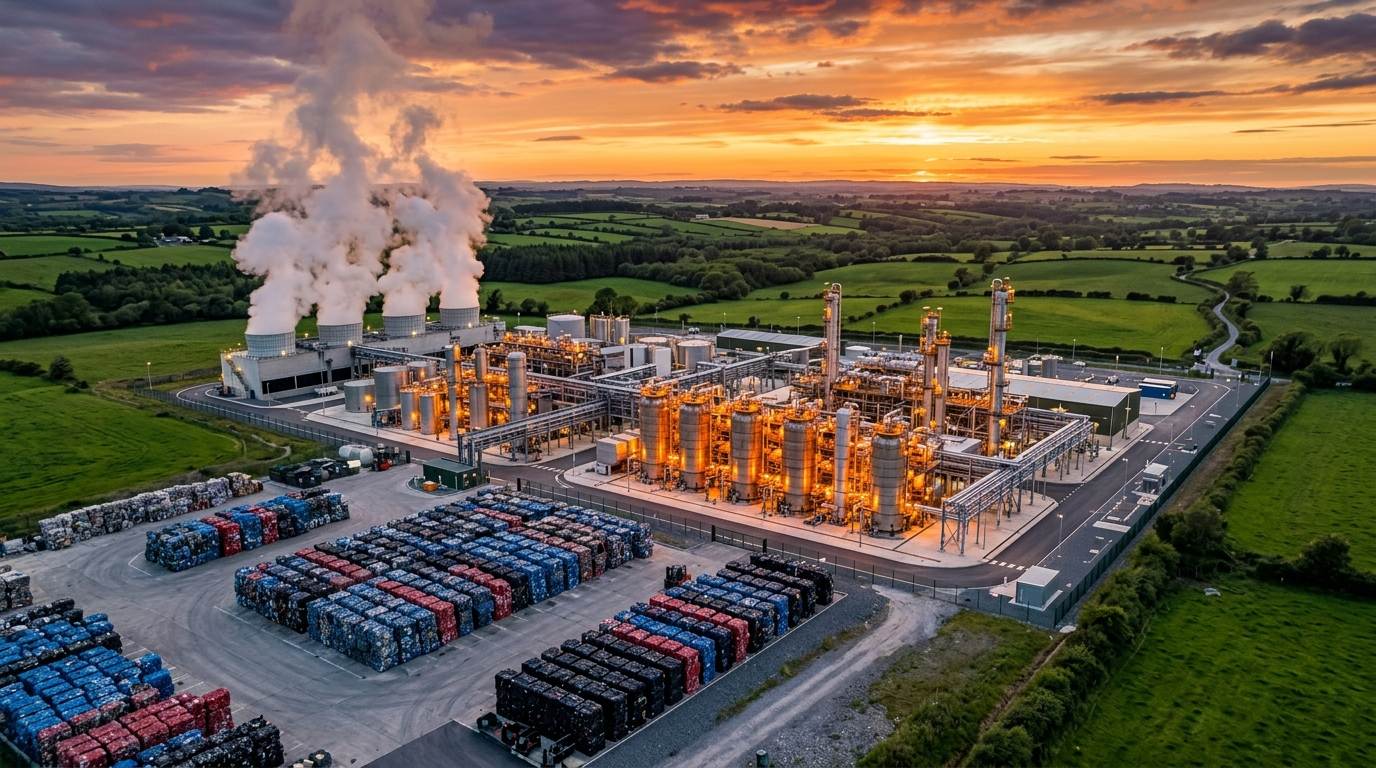 Aerial view of a modern pyrolysis and chemical recycling facility at golden hour