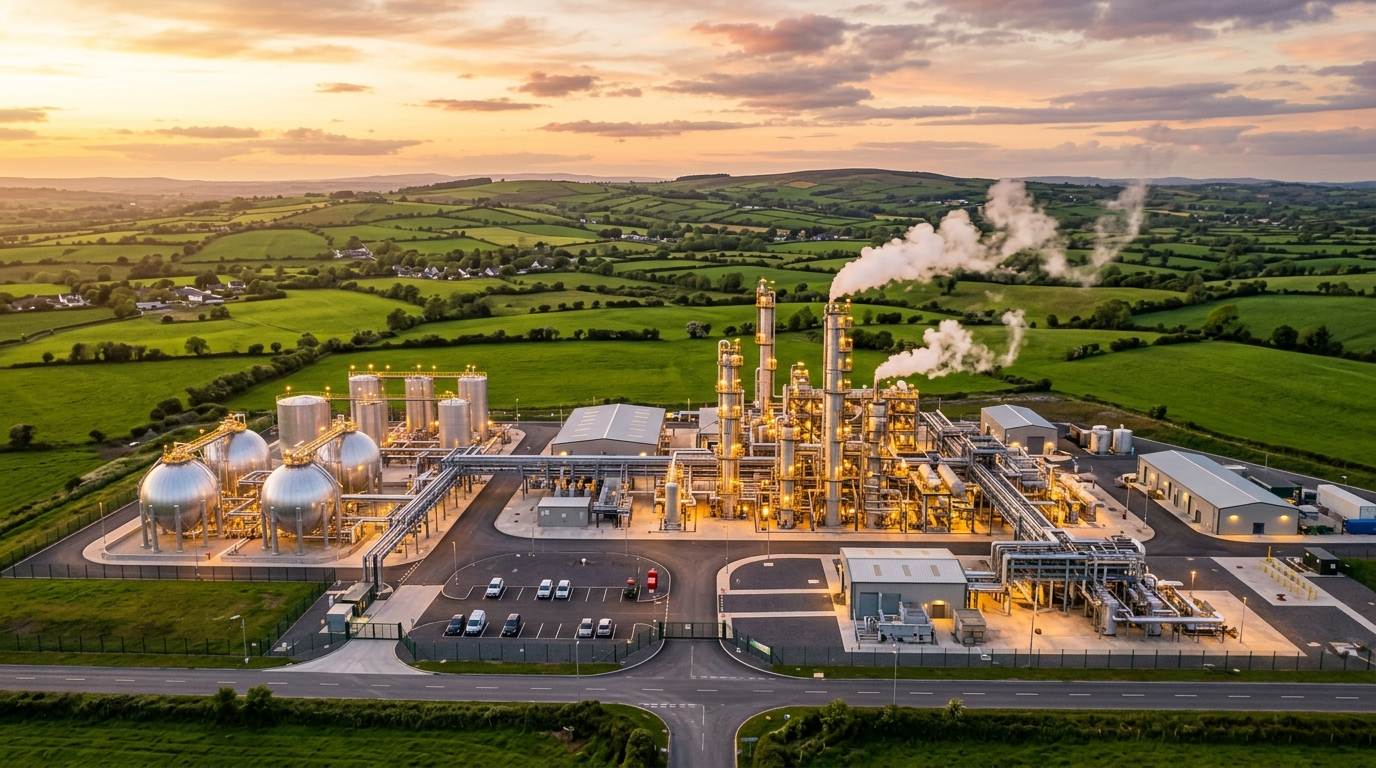 Aerial view of a modern pyrolysis and hydrogen production facility at golden hour, Irish countryside in background