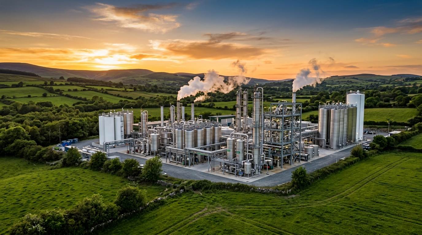 Modern pyrolysis and chemical recycling facility at golden hour surrounded by Irish countryside