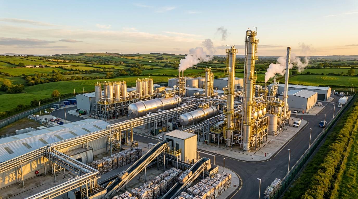 Aerial view of a modern pyrolysis and chemical recycling facility at golden hour with green Irish countryside in the background