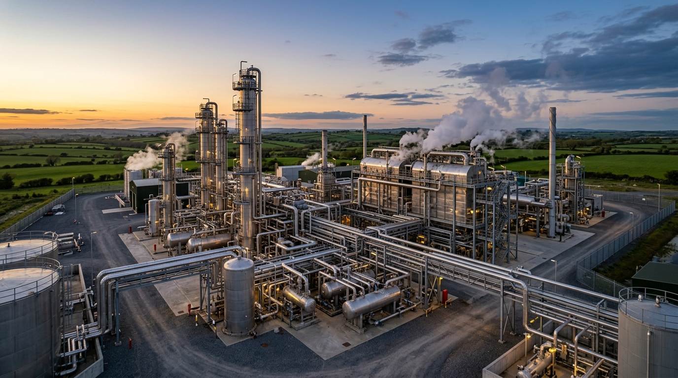 Industrial pyrolysis facility at dusk with steam rising above reactor towers