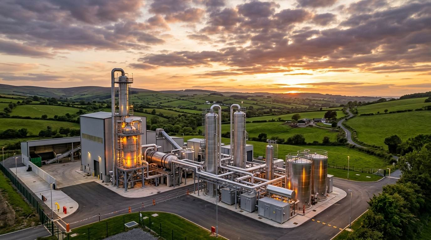 Pyrolysis facility at golden hour with green Irish countryside