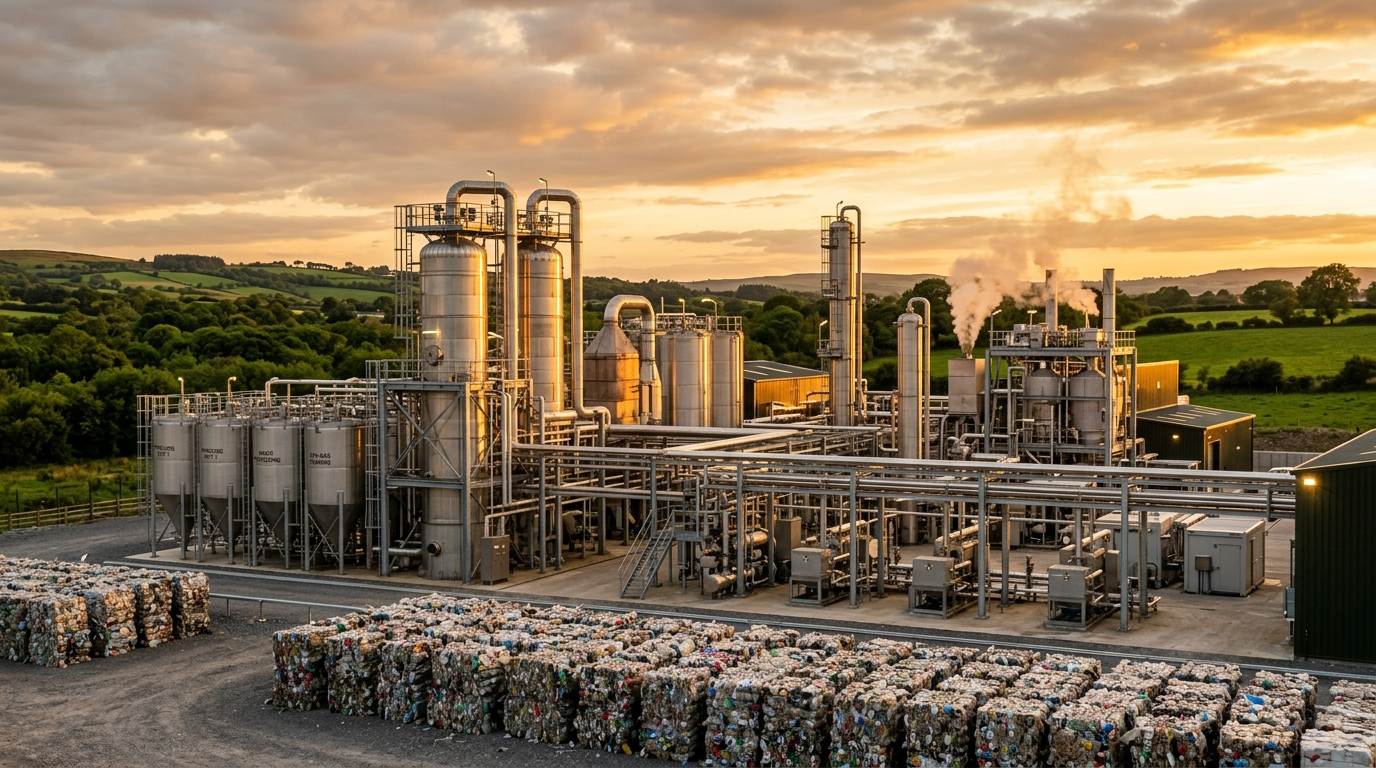 Modern industrial pyrolysis plant at golden hour with plastic feedstock bales