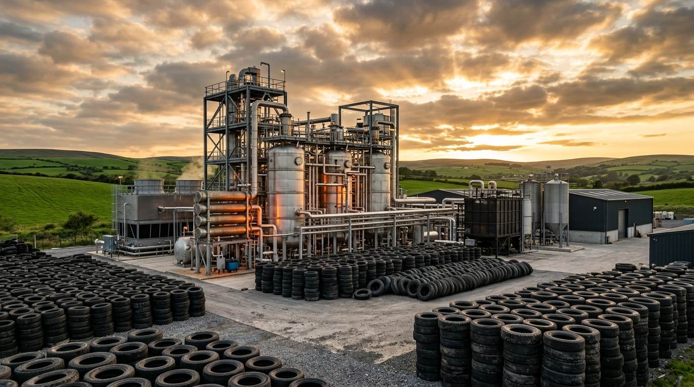 Modern industrial pyrolysis facility processing end-of-life tyres at golden hour with reactor vessels and green Irish countryside backdrop