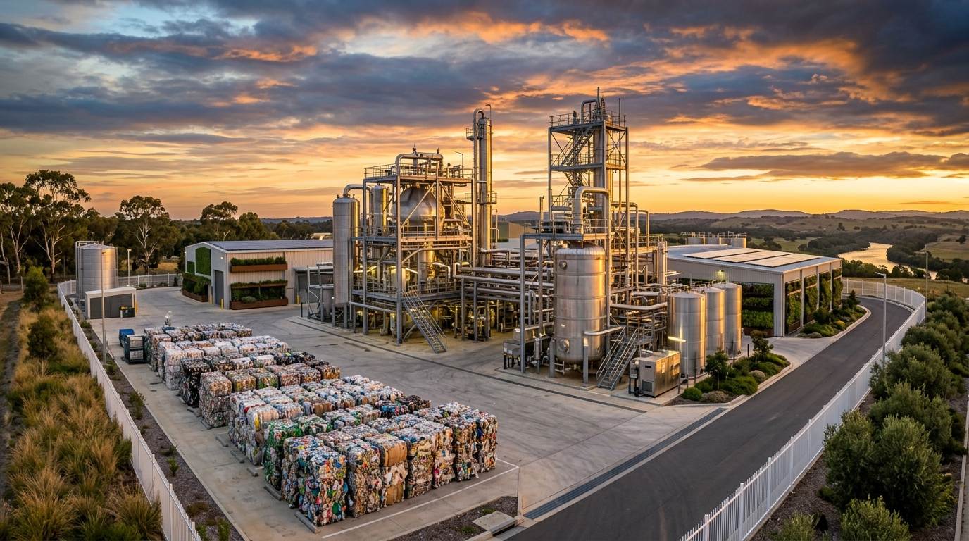 Modern industrial pyrolysis facility at golden hour with reactors and sorted plastic bales