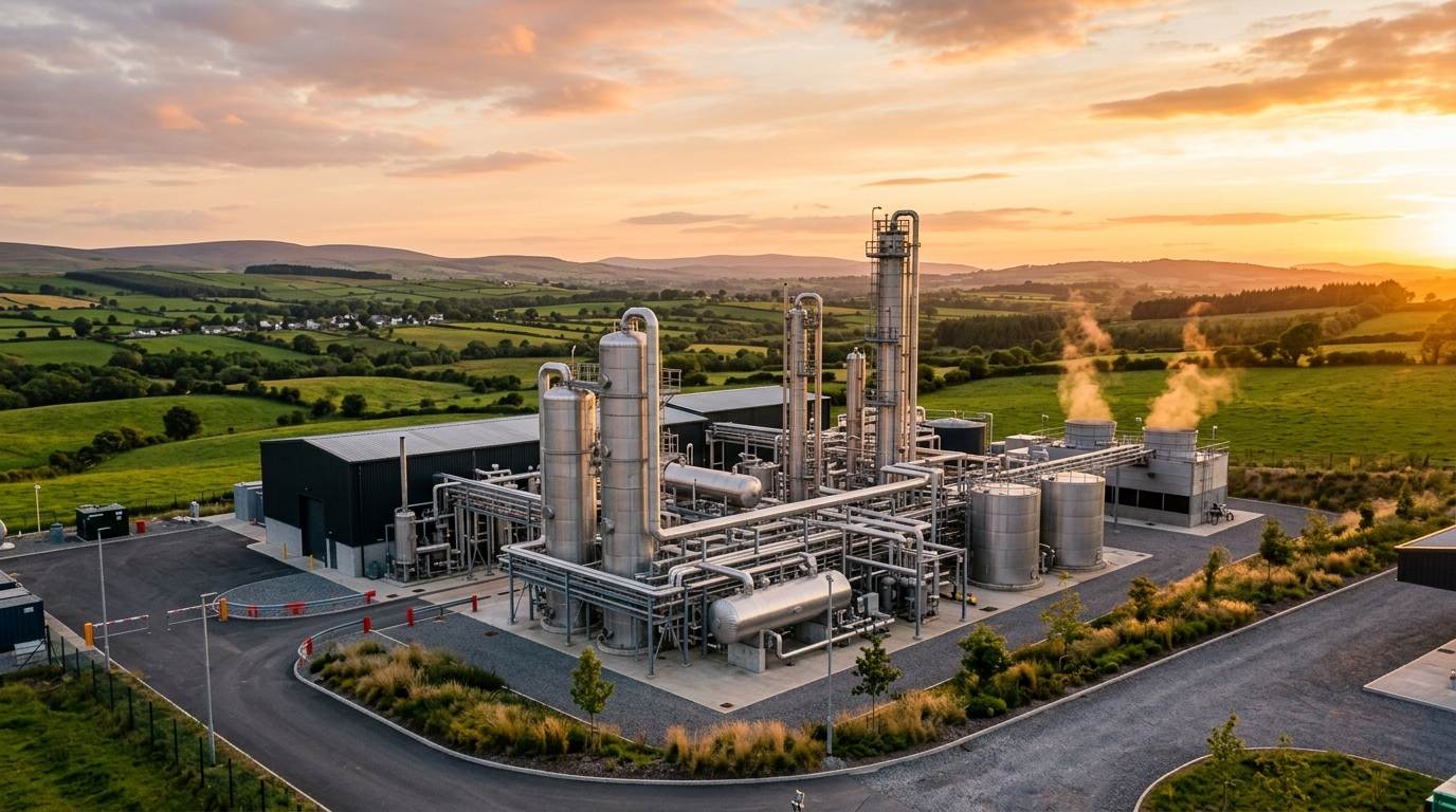 Industrial pyrolysis and waste-to-energy facility at golden hour