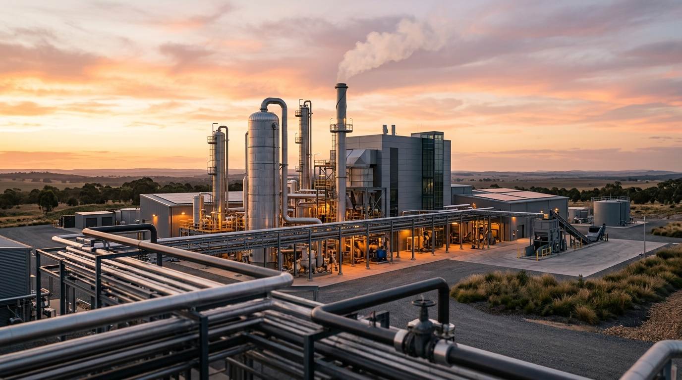 Industrial pyrolysis and waste-to-energy plant at golden hour