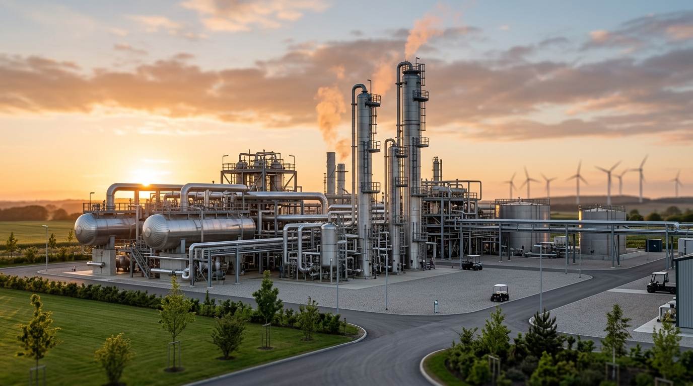 Modern industrial pyrolysis plant with stainless-steel reactors and condensation columns at golden hour