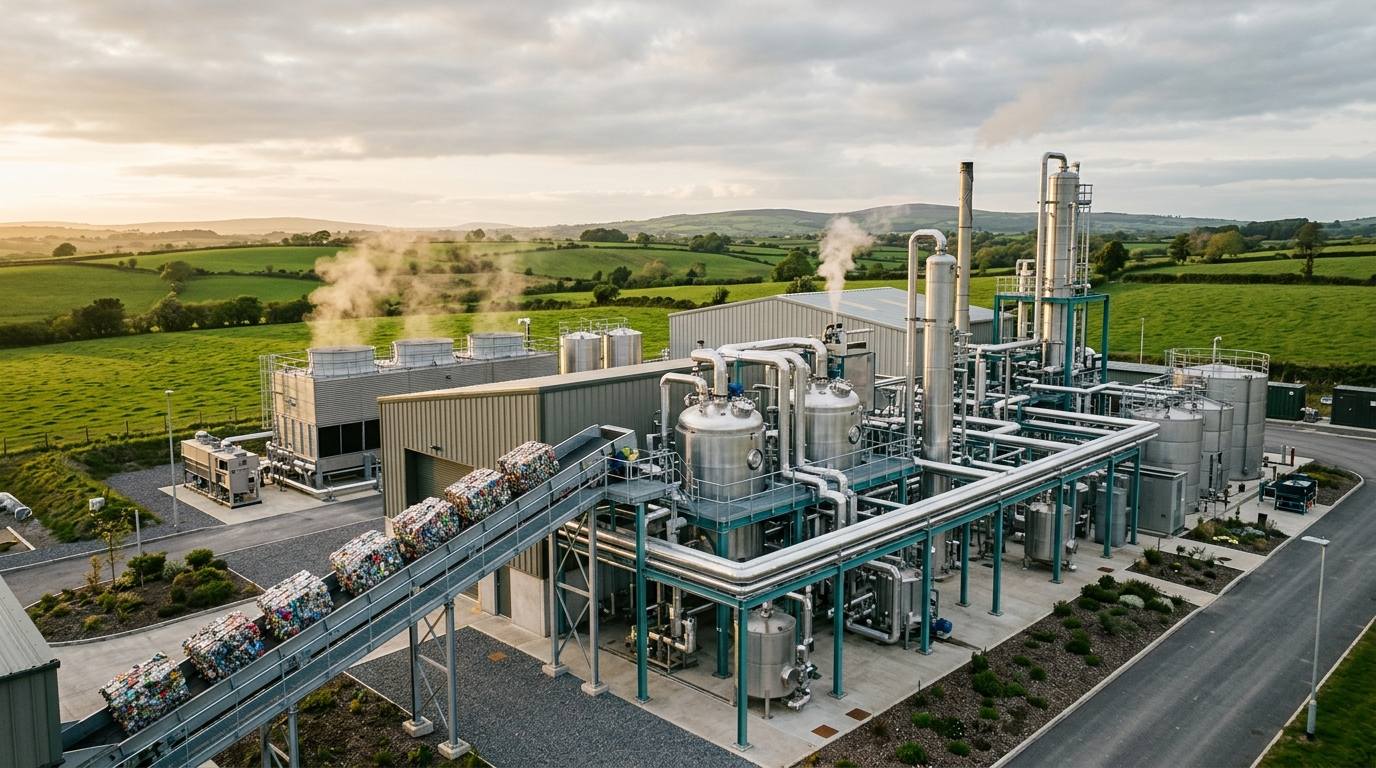 Modern advanced plastic-recycling and pyrolysis facility in a green Irish industrial landscape at golden hour