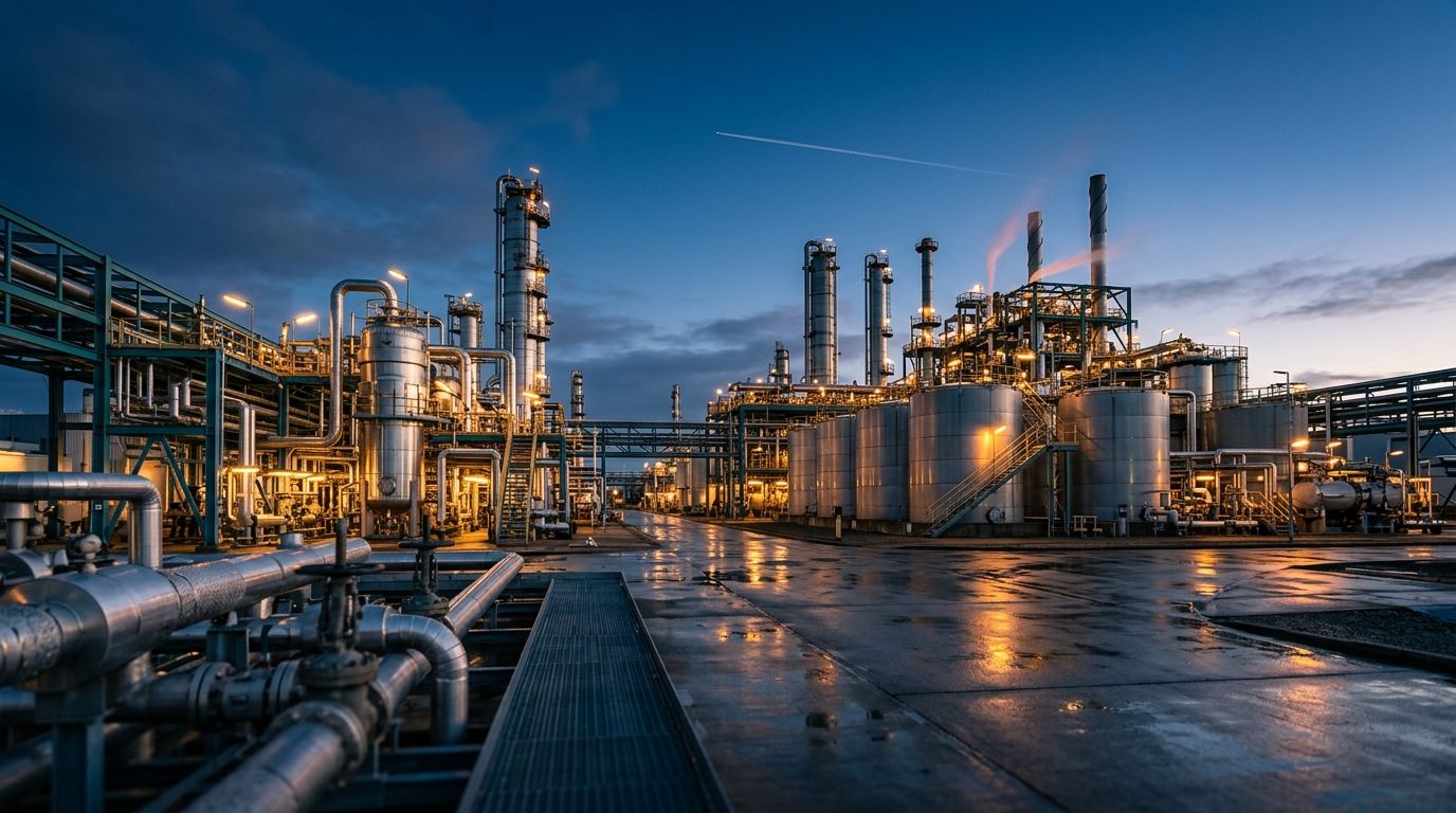 Modern advanced-recycling and fuel-upgrading facility at dusk with distillation columns and storage tanks under a jet contrail