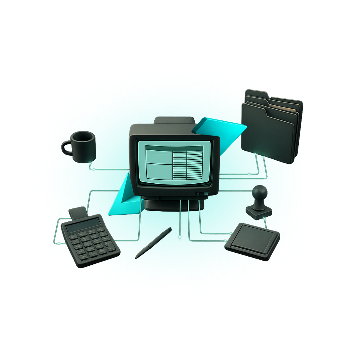 3D illustration of a computer displaying a spreadsheet, connected to accounting tools and folders.