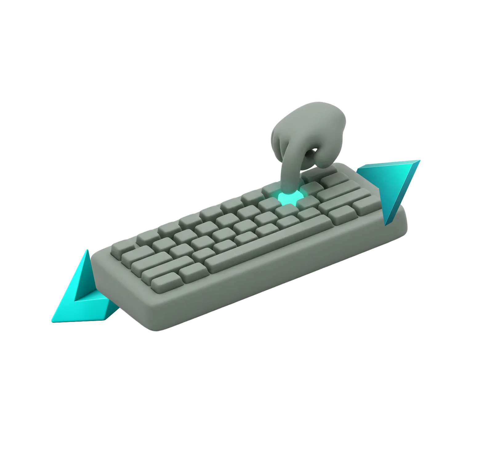 3D illustration of a hand typing on a keyboard with geometric accents.