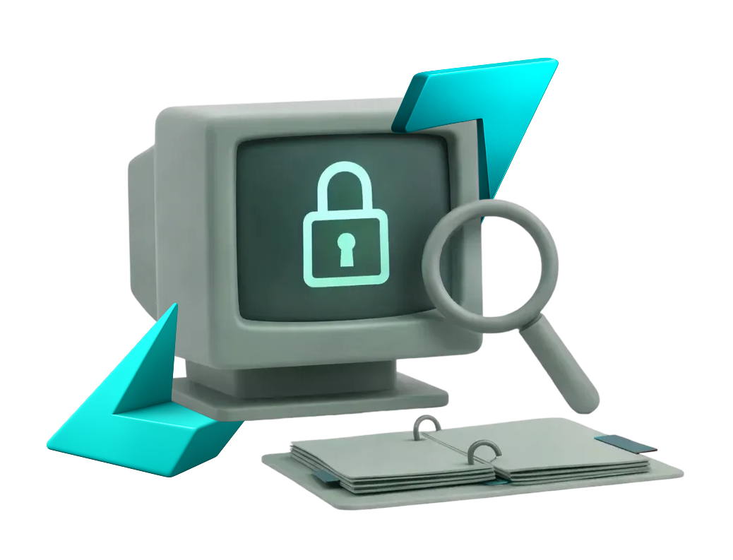 3D illustration of a secure computer with lock symbol representing data protection and isolation.