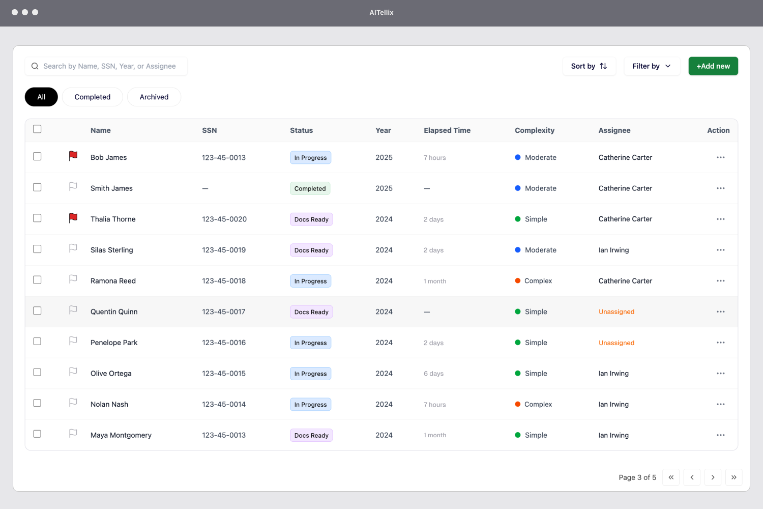 Intake dashboard listing tax returns by status, year, complexity, and assignee.